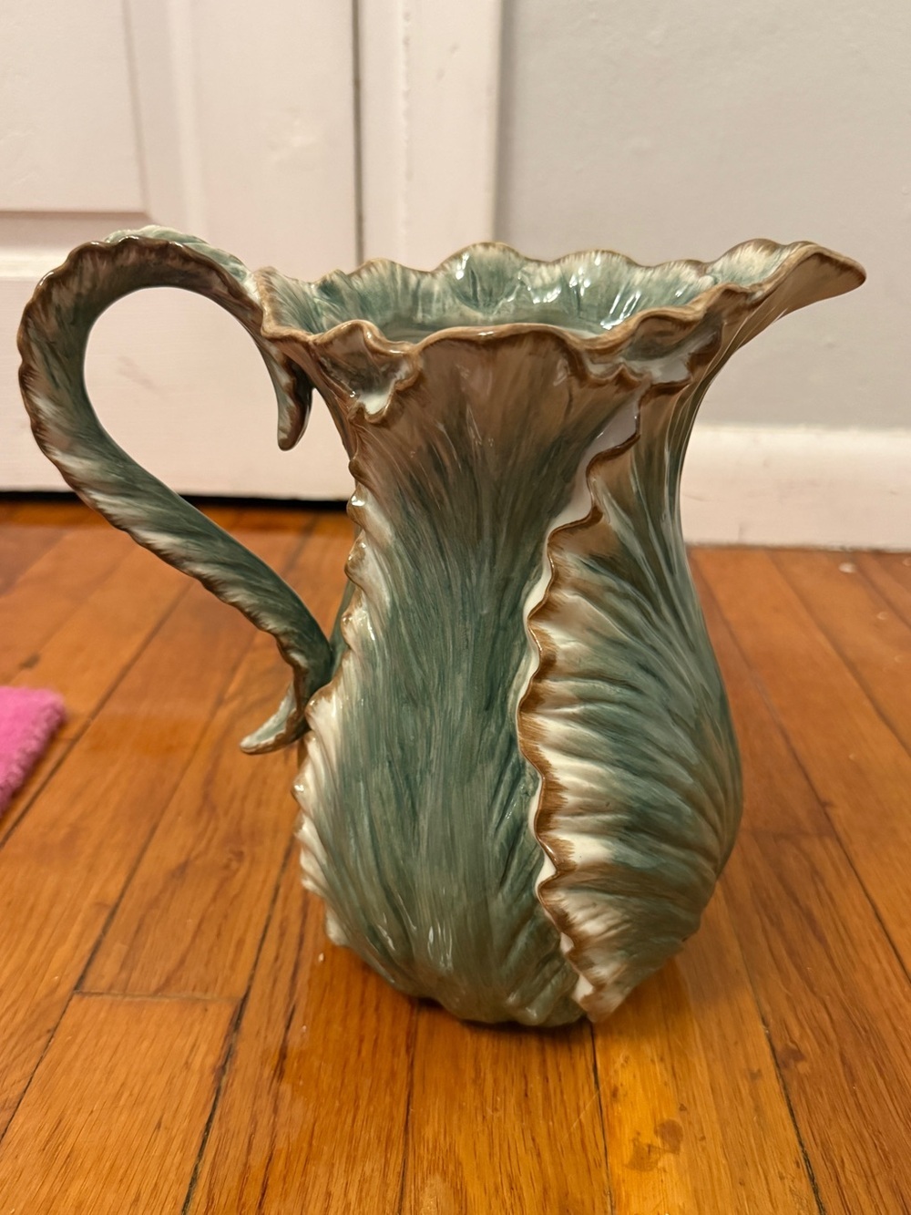 Vintage Fitz & Floyd Classics Cabbage Leaf Pitcher Green Majolica Style Vase - Picture 3 of 7